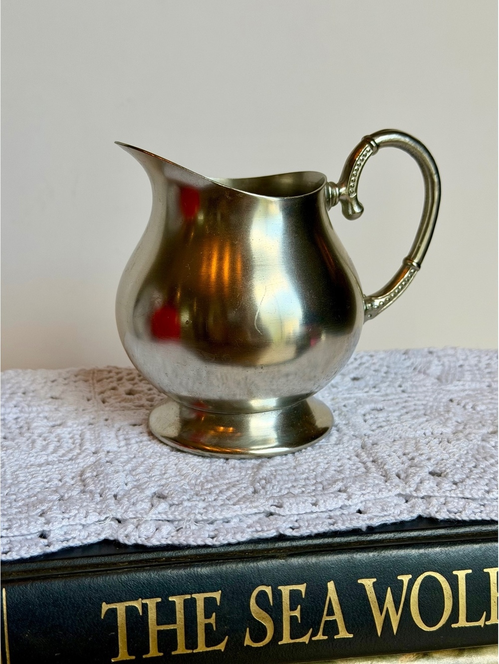 Vintage BICCO Genuine Pewter Creamer Pitcher Silver Tone Ornate Handle